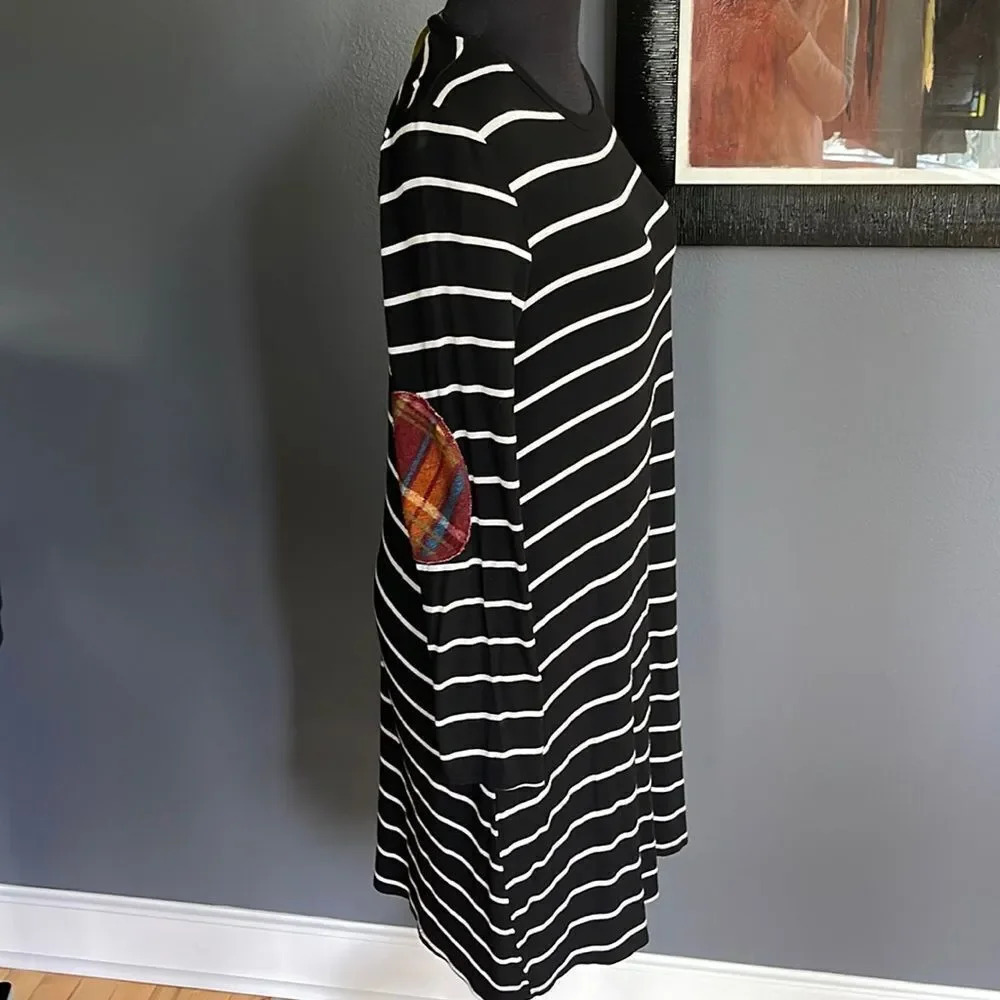 Cream N Sugar stretch black/white stripe long sleeves /plaid elbow patch midi.